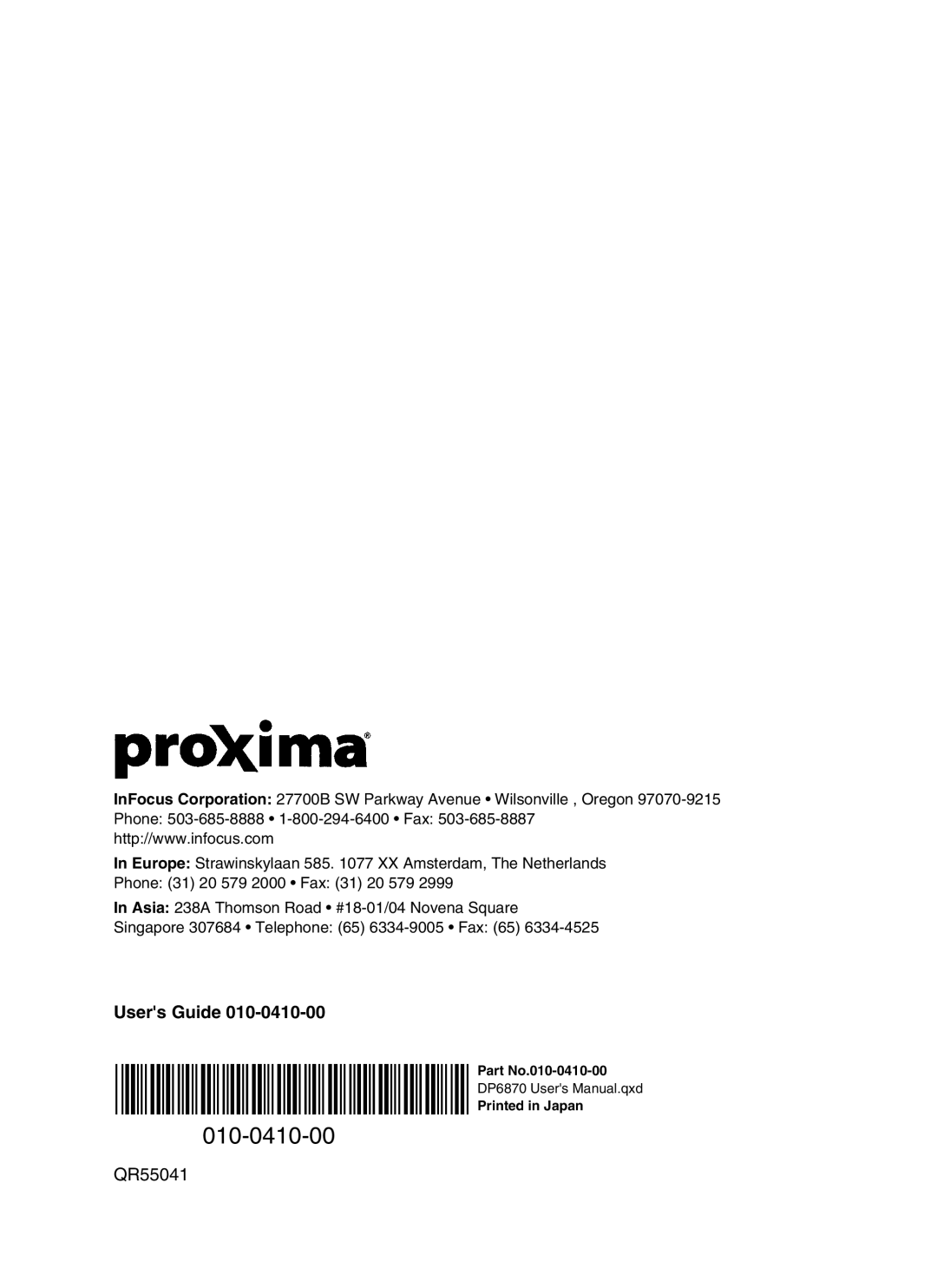 Proxima ASA DP6870 manual 010-0410-00, Users Guide, QR55041 