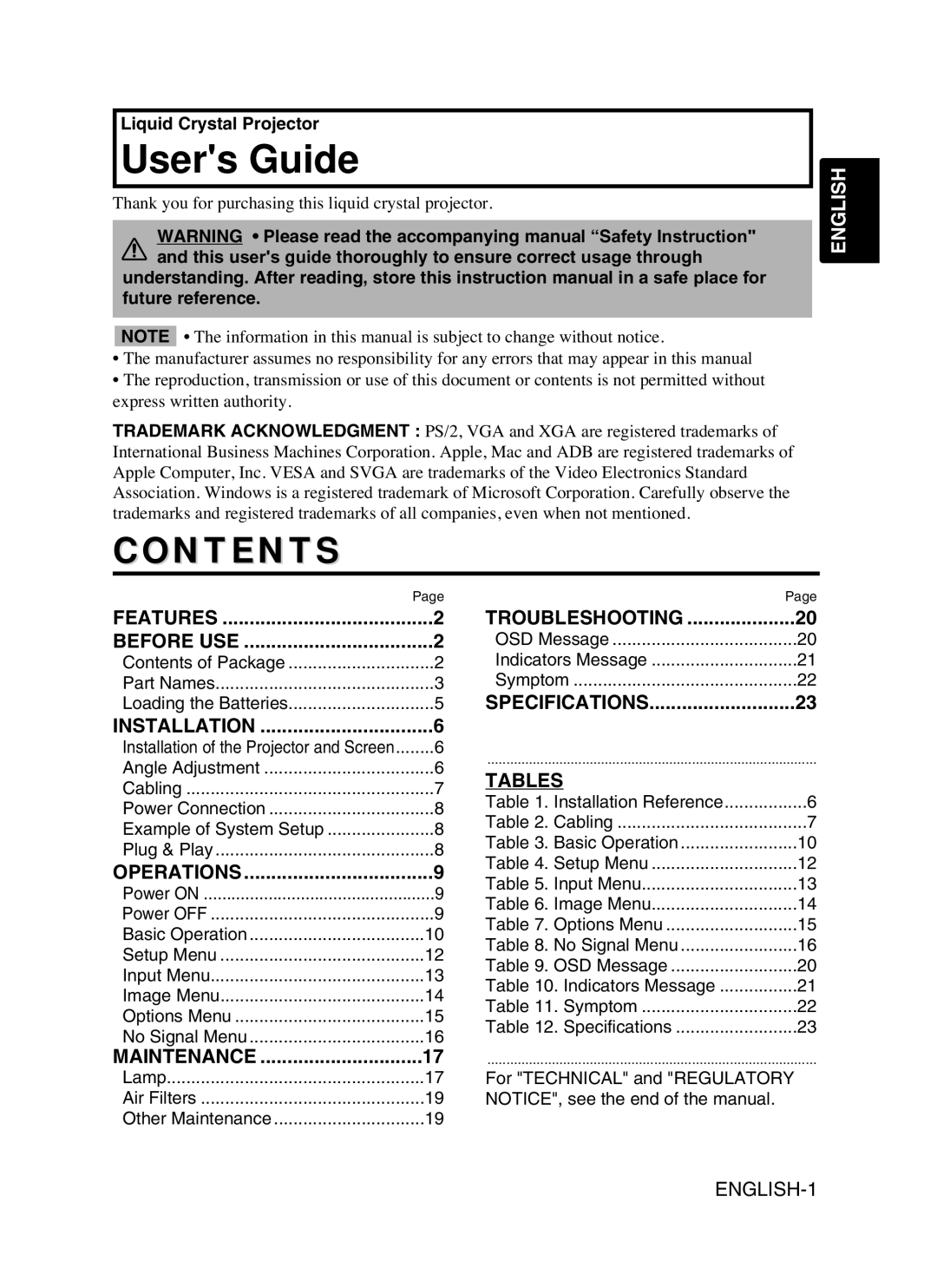 Proxima ASA DP6870 manual Contents, Tables, English, Users Guide 