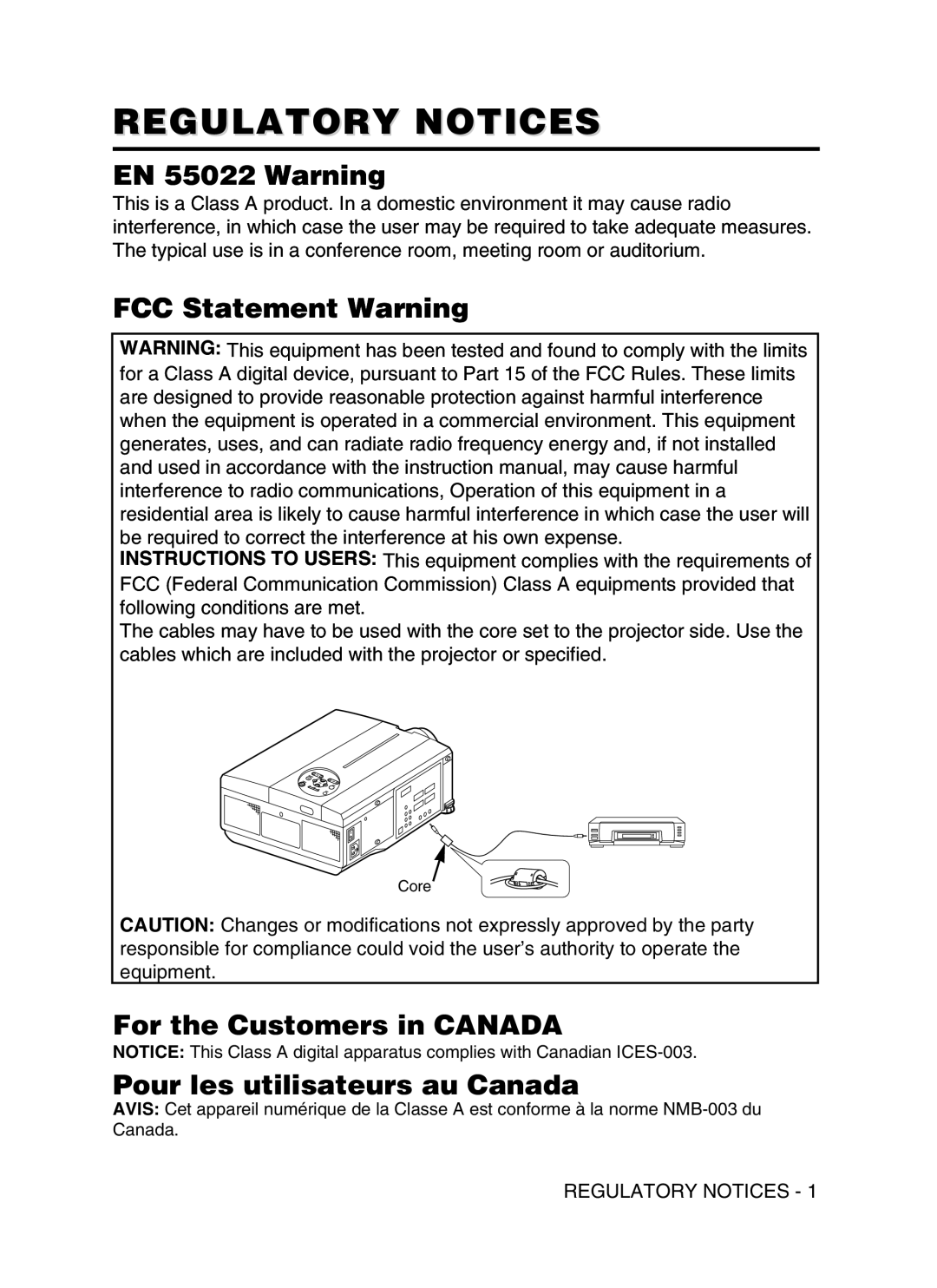 Proxima ASA DP6870 manual Regulatory Notices, EN 55022 Warning, FCC Statement Warning, For the Customers in CANADA 