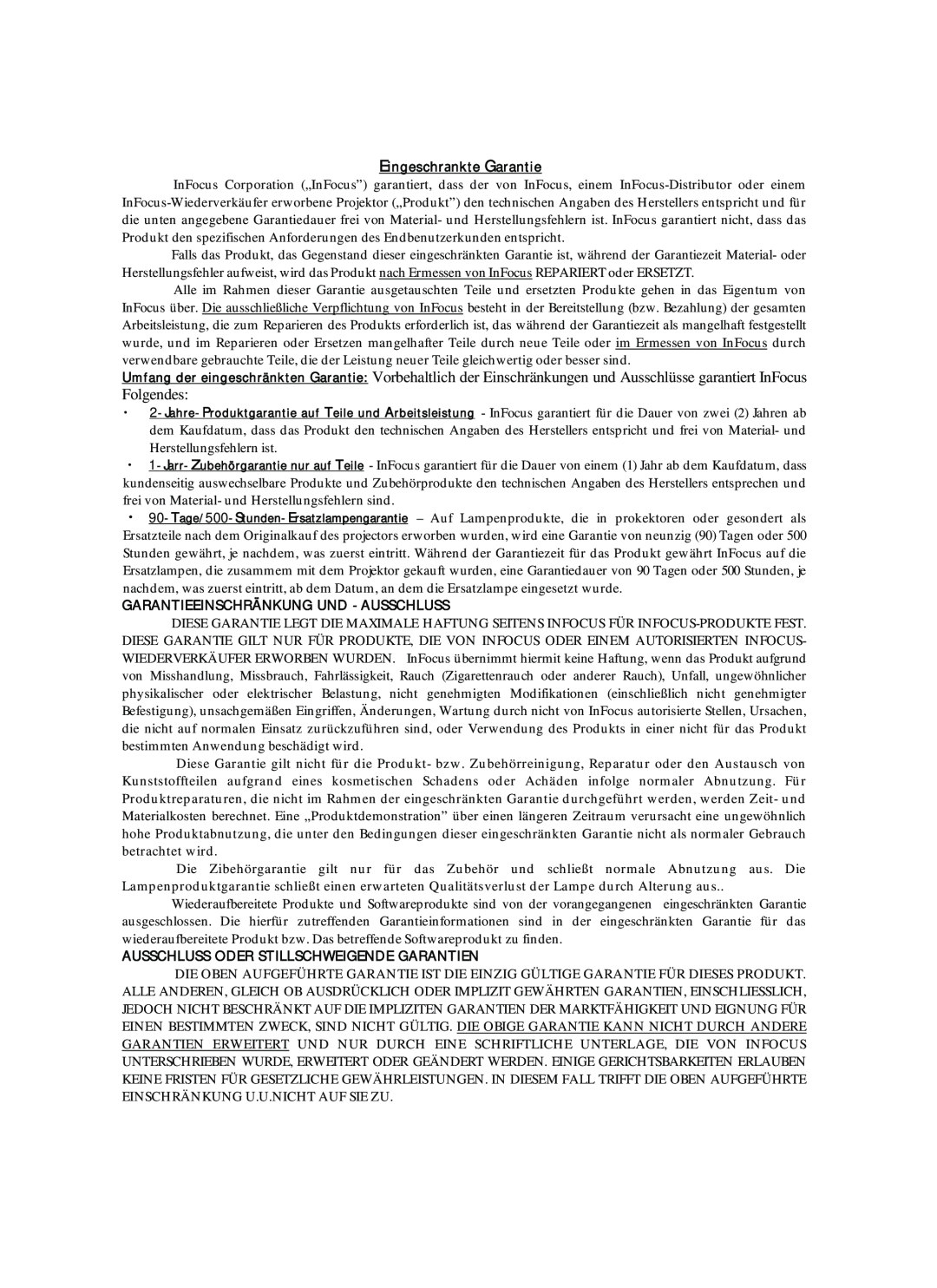Proxima ASA DP6870 manual Eingeschrankte Garantie, Garantieeinschränkung Und -Ausschluss 
