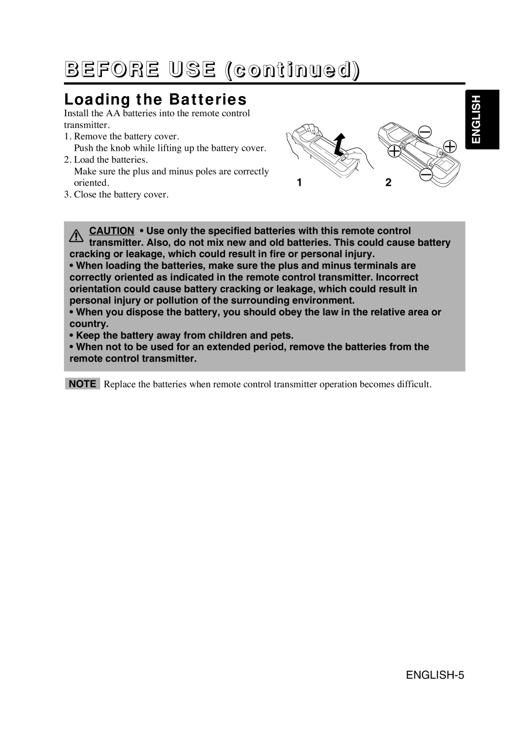 Proxima ASA DP6870 manual Loading the Batteries, BEFORE USE continued, English, ENGLISH-5 