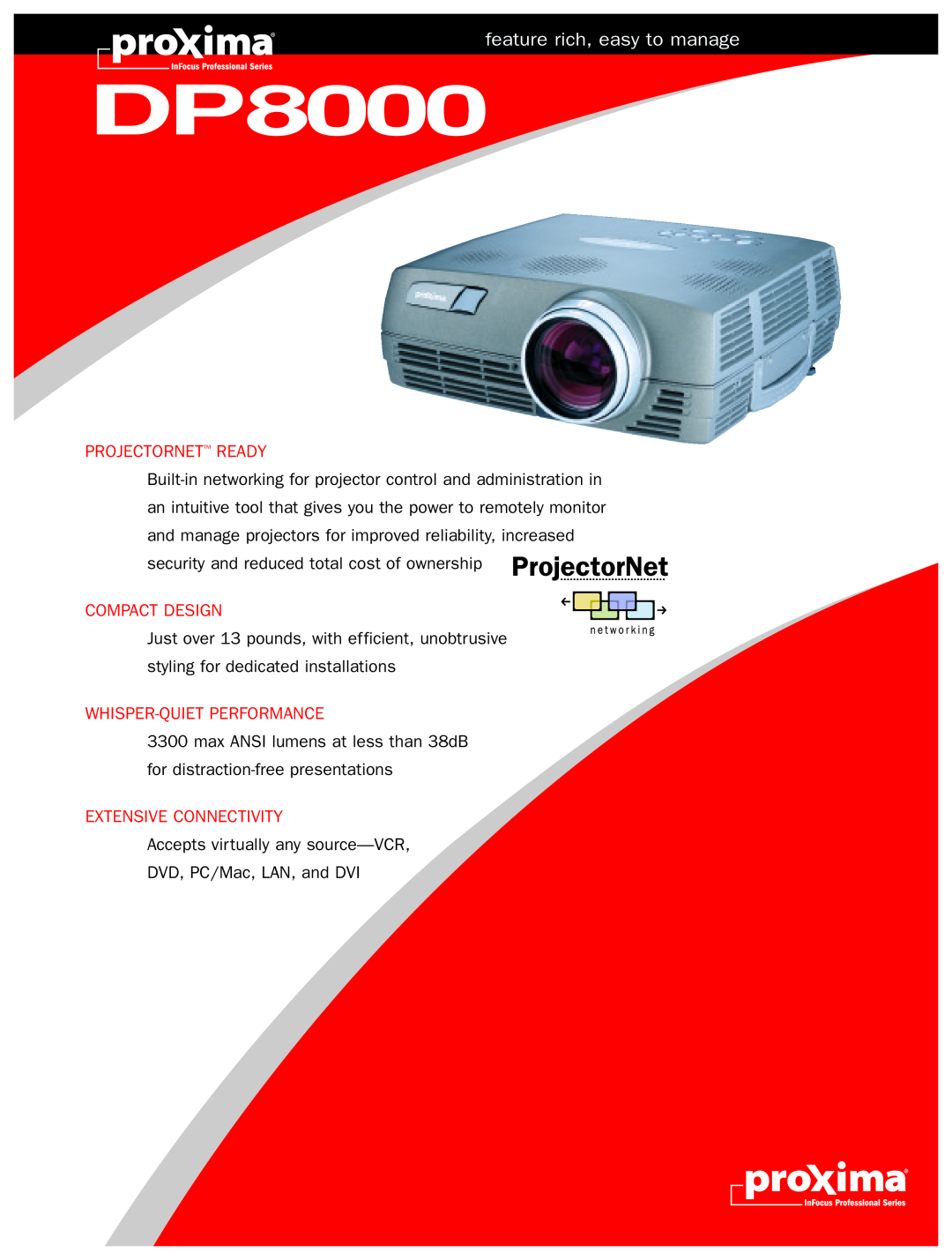 Proxima ASA dp800 manual feature rich, easy to manage, Projectornet Ready, Compact Design, Whisper-Quiet Performance 