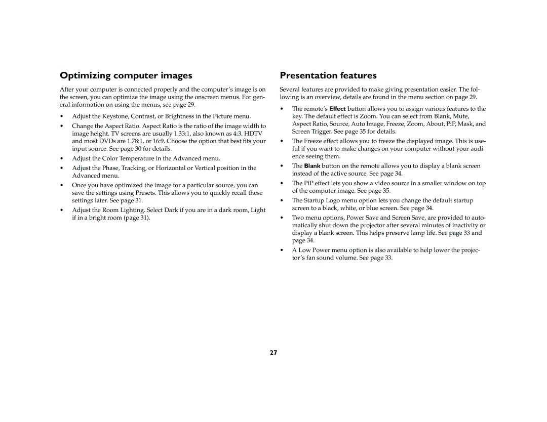 Proxima ASA DP8200x manual Optimizing computer images, Presentation features 