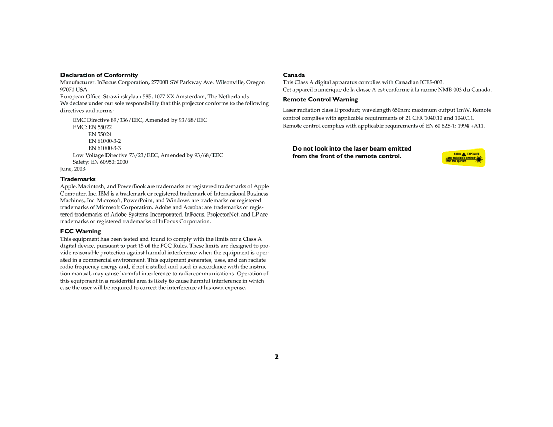 Proxima ASA DP8200x manual Declaration of Conformity, Trademarks, FCC Warning, Canada, Remote Control Warning 