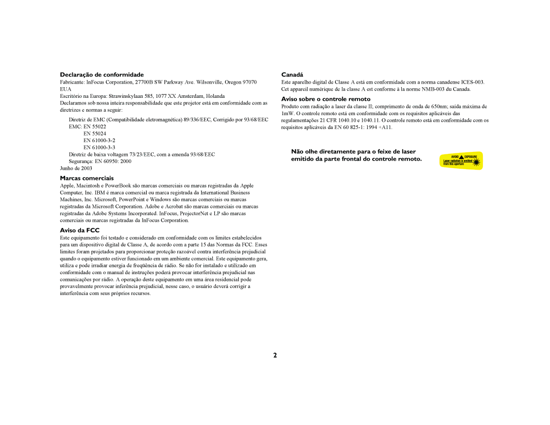 Proxima ASA DP8200x Declaração de conformidade, Marcas comerciais, Aviso da FCC, Canadá, Aviso sobre o controle remoto 