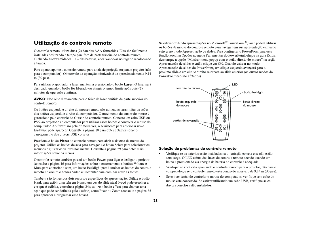 Proxima ASA DP8200x manual Utilização do controle remoto, Solução de problemas do controle remoto 