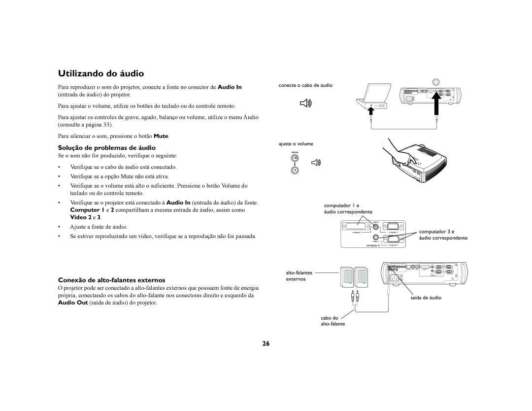 Proxima ASA DP8200x manual Utilizando do áudio, Solução de problemas de áudio, Conexão de alto-falantes externos, Video 2 e 