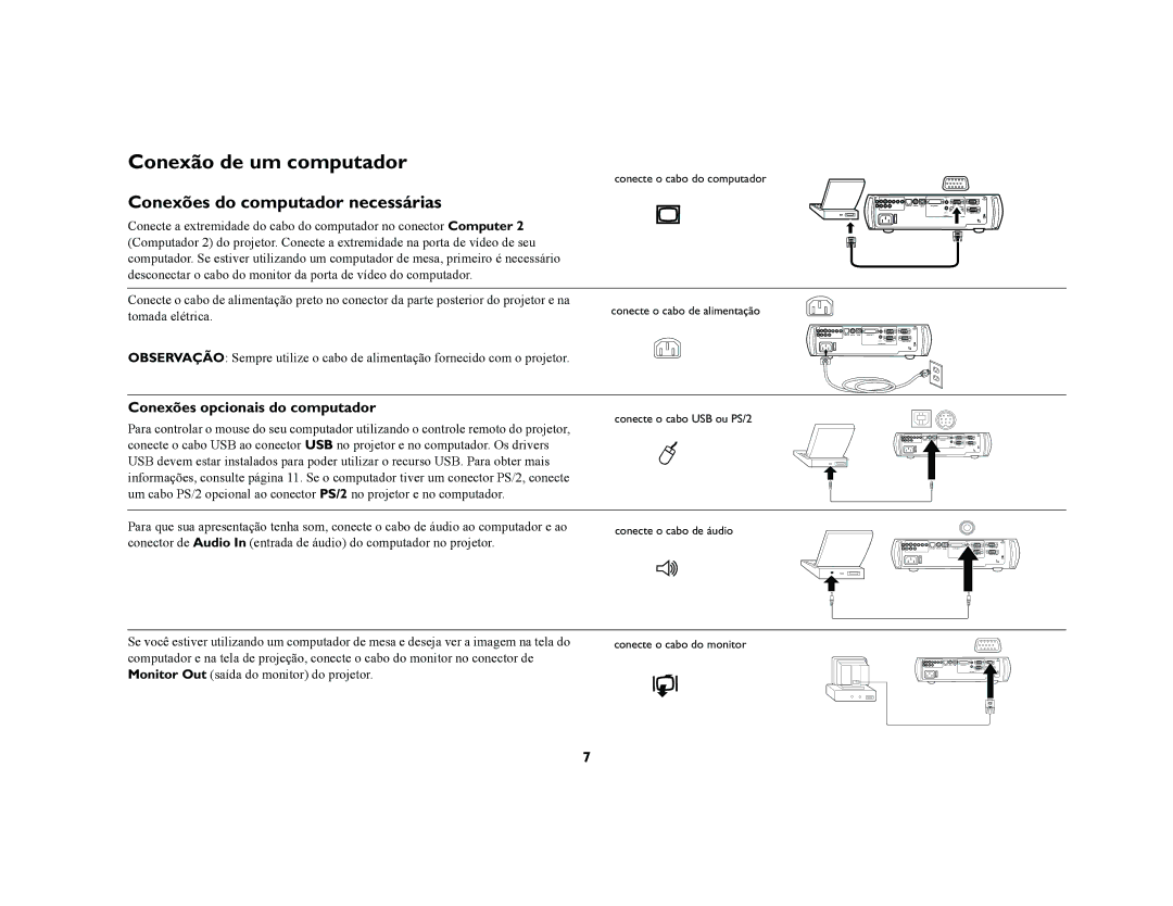 Proxima ASA DP8200x manual Conexão de um computador, Conexões do computador necessárias, Conexões opcionais do computador 