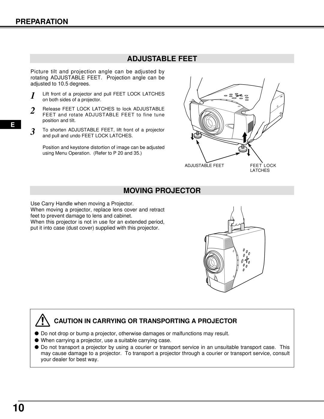 Proxima ASA DP9270 manual Preparation Adjustable Feet, Moving Projector 