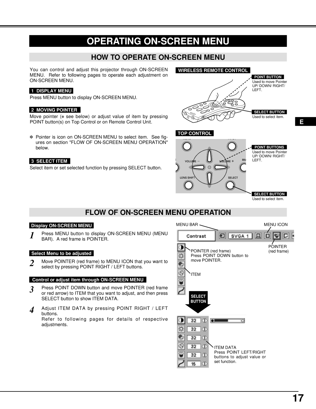 Proxima ASA DP9270 manual Operating ON-SCREEN Menu, HOW to Operate ON-SCREEN Menu, Flow of ON-SCREEN Menu Operation 