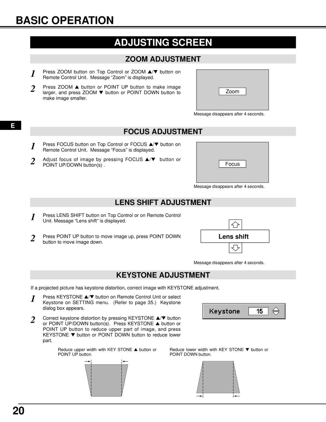 Proxima ASA DP9270 manual Basic Operation, Adjusting Screen, Focus Adjustment, Lens Shift Adjustment, Keystone Adjustment 