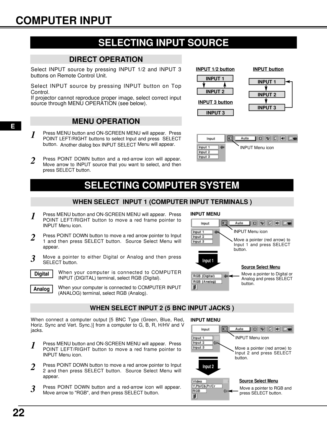 Proxima ASA DP9270 manual Computer Input, Selecting Input Source, Selecting Computer System, Input Menu 