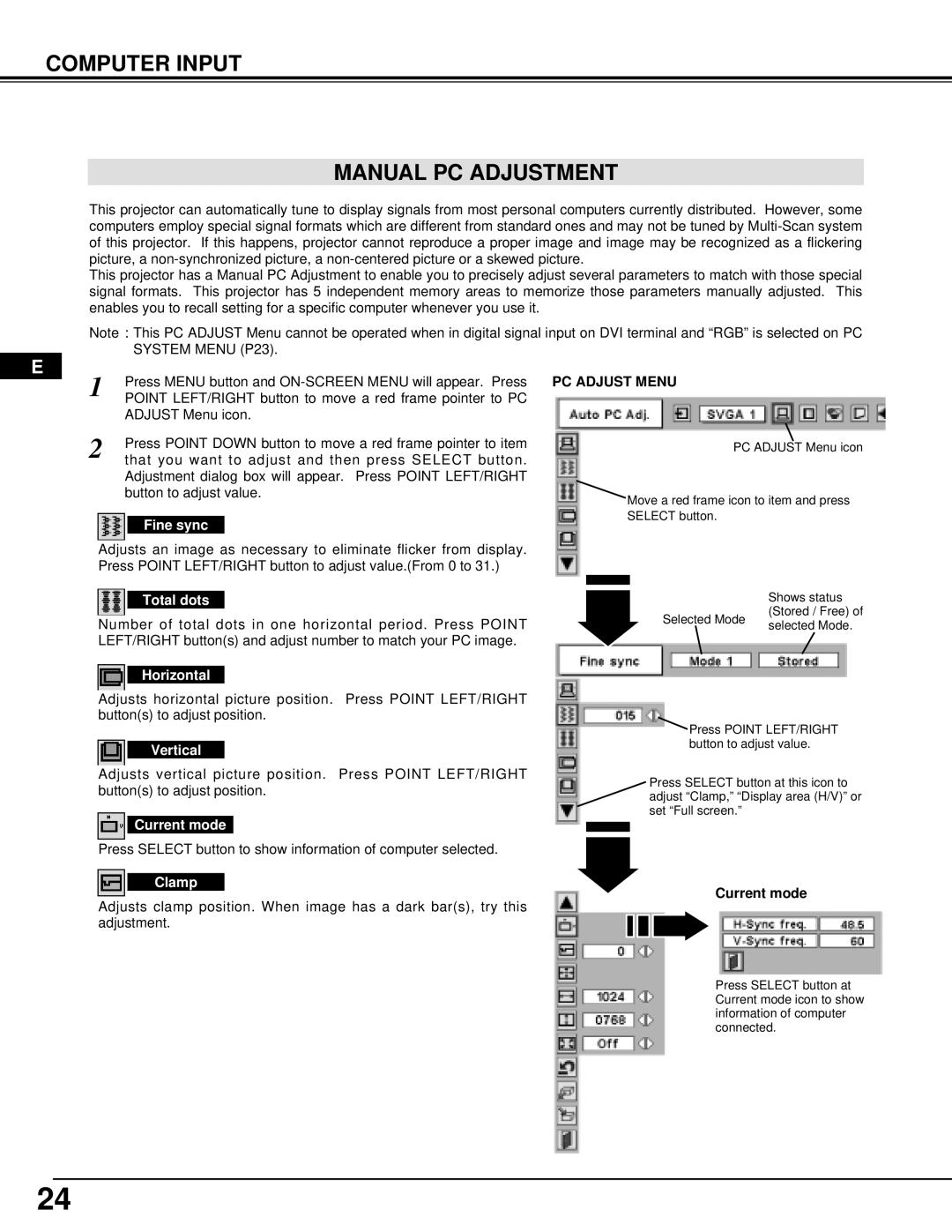 Proxima ASA DP9270 manual Computer Input Manual PC Adjustment 