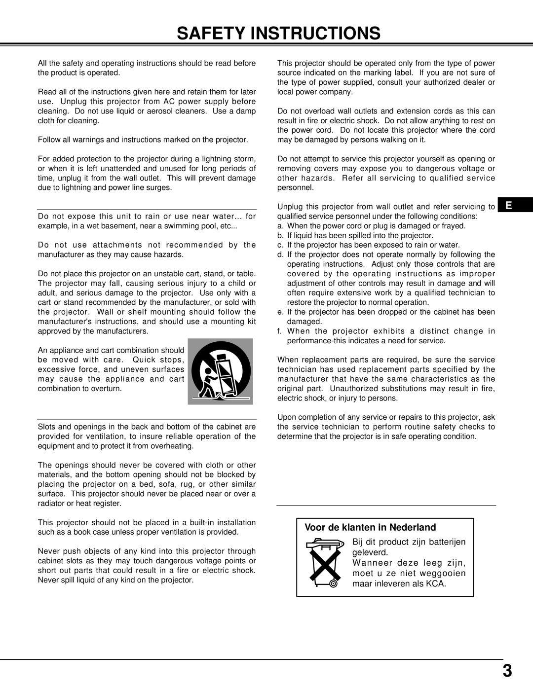 Proxima ASA DP9270 manual Safety Instructions, Voor de klanten in Nederland 