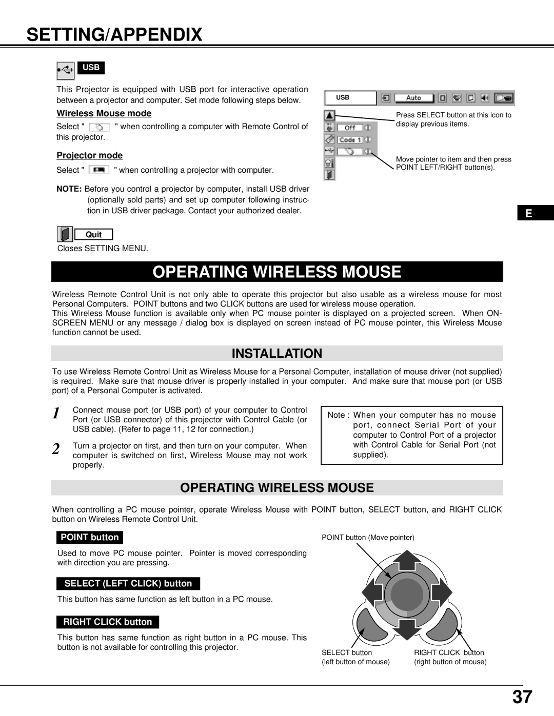 Proxima ASA DP9270 manual Setting/Appendix, Operating Wireless Mouse, Installation 