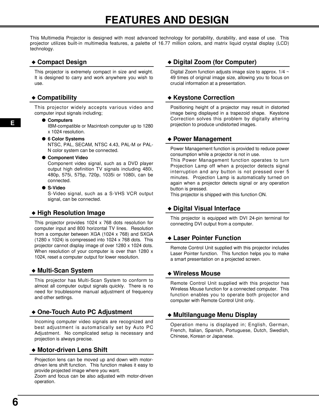 Proxima ASA DP9270 manual Features and Design, Computers, Color Systems, Component Video 