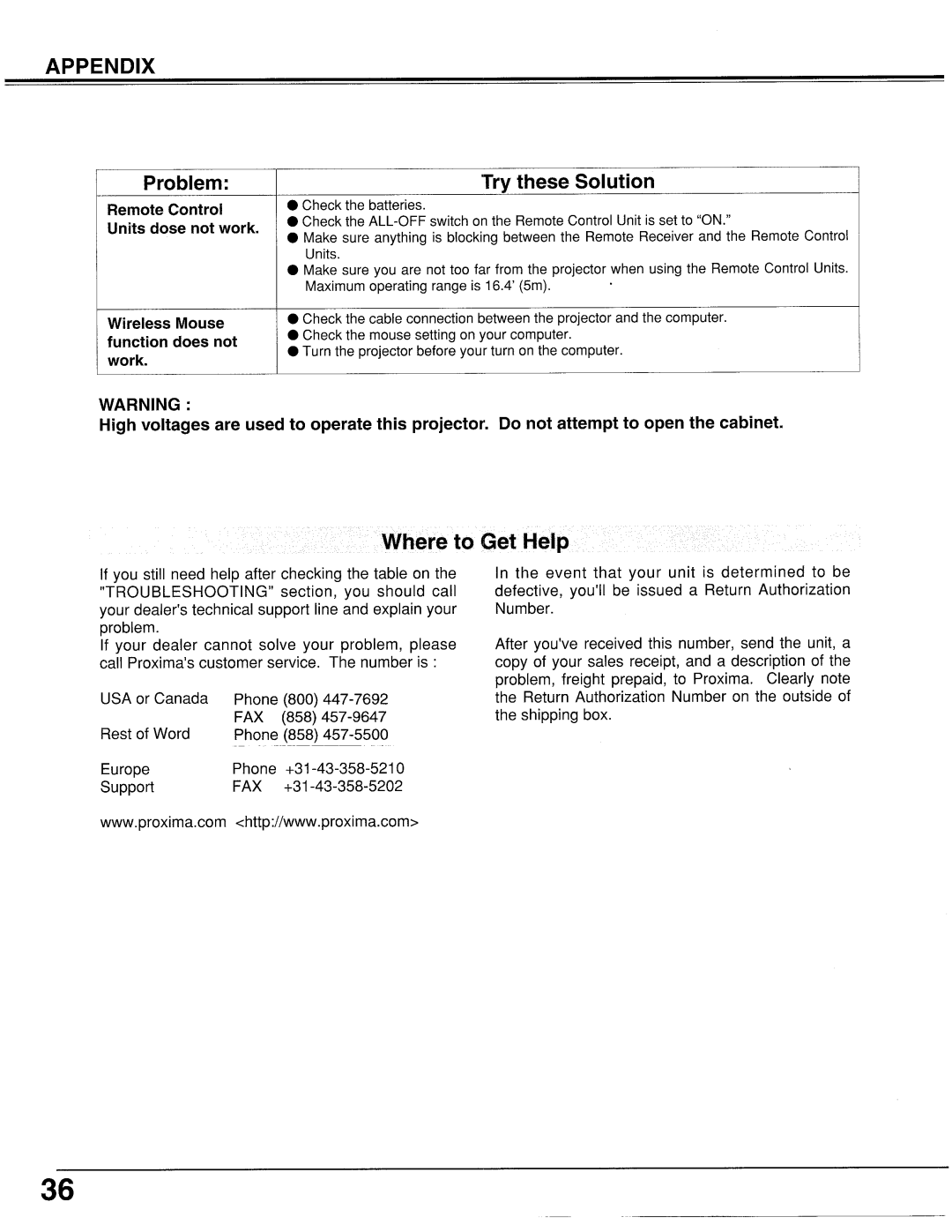 Proxima ASA LX2 manual 