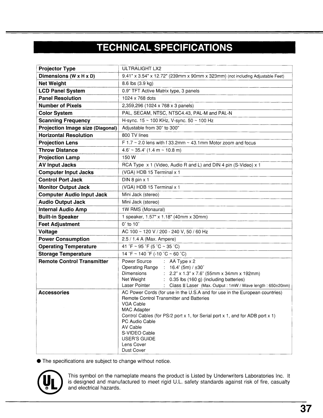 Proxima ASA LX2 manual 