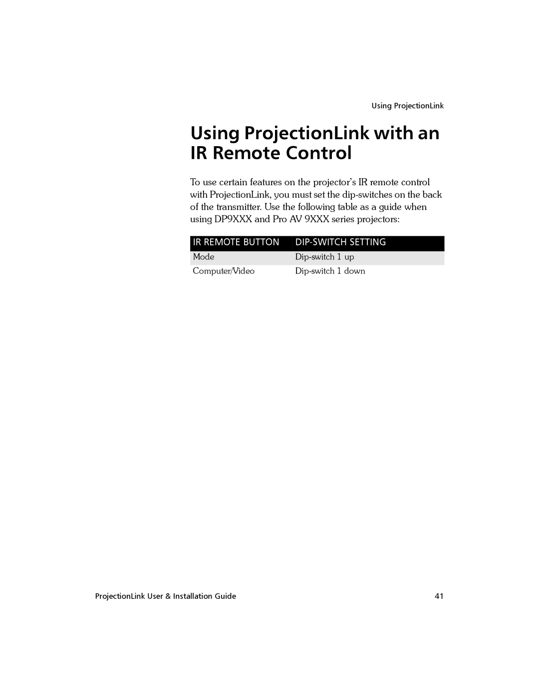 Proxima ASA BNDL-001, PL-300E manual Using ProjectionLink with an IR Remote Control, IR Remote Button DIP-SWITCH Setting 