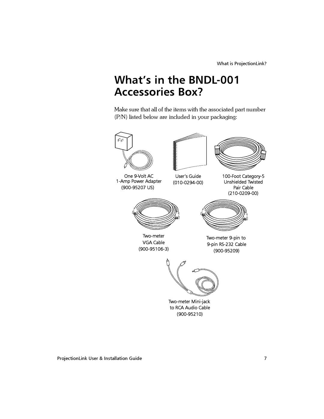 Proxima ASA PL-300 What’s in the BNDL-001 Accessories Box?, What is ProjectionLink?, 010-0294-00, 900-95207 US, 900-95209 