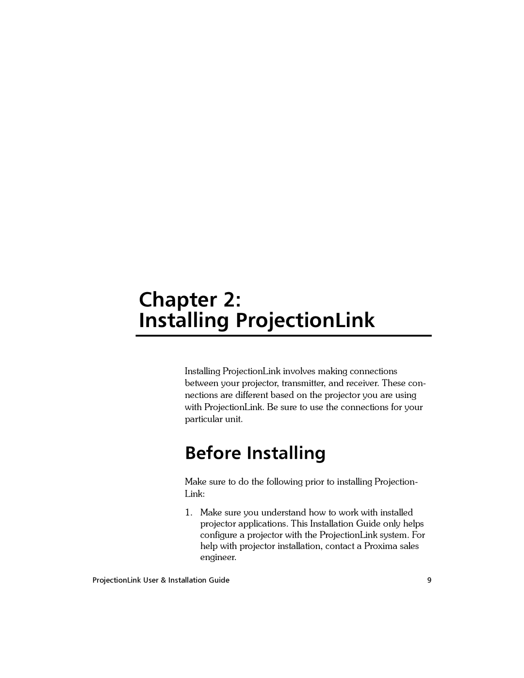 Proxima ASA PL-300E, BNDL-001 manual Chapter Installing ProjectionLink, Before Installing 