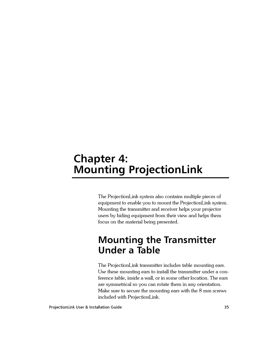 Proxima ASA BNDL-001, PL-300E manual Chapter Mounting ProjectionLink, Mounting the Transmitter Under a Table 