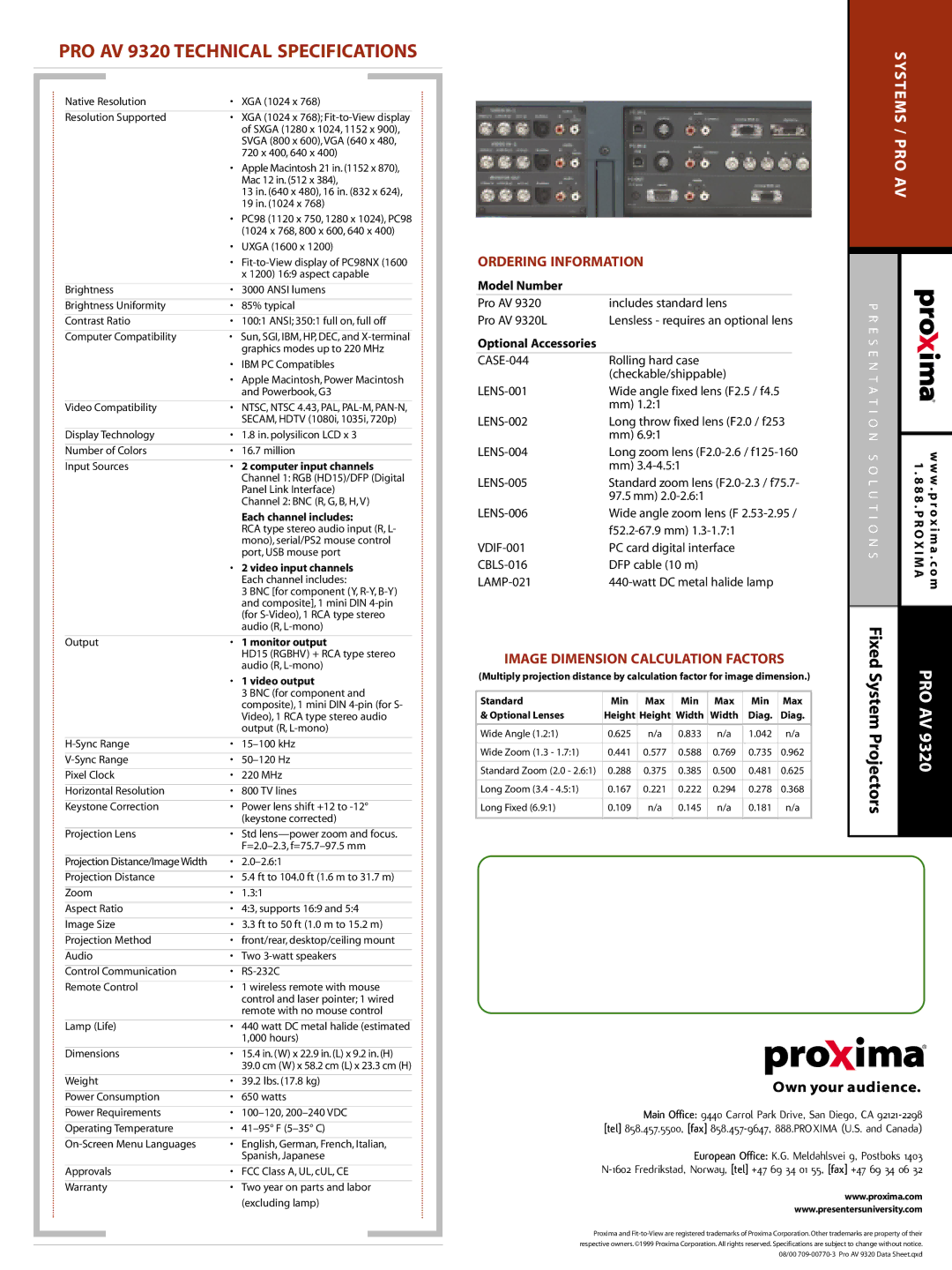 Proxima ASA manual PRO AV 9320 Technical Specifications, Ordering Information, Image Dimension Calculation Factors 