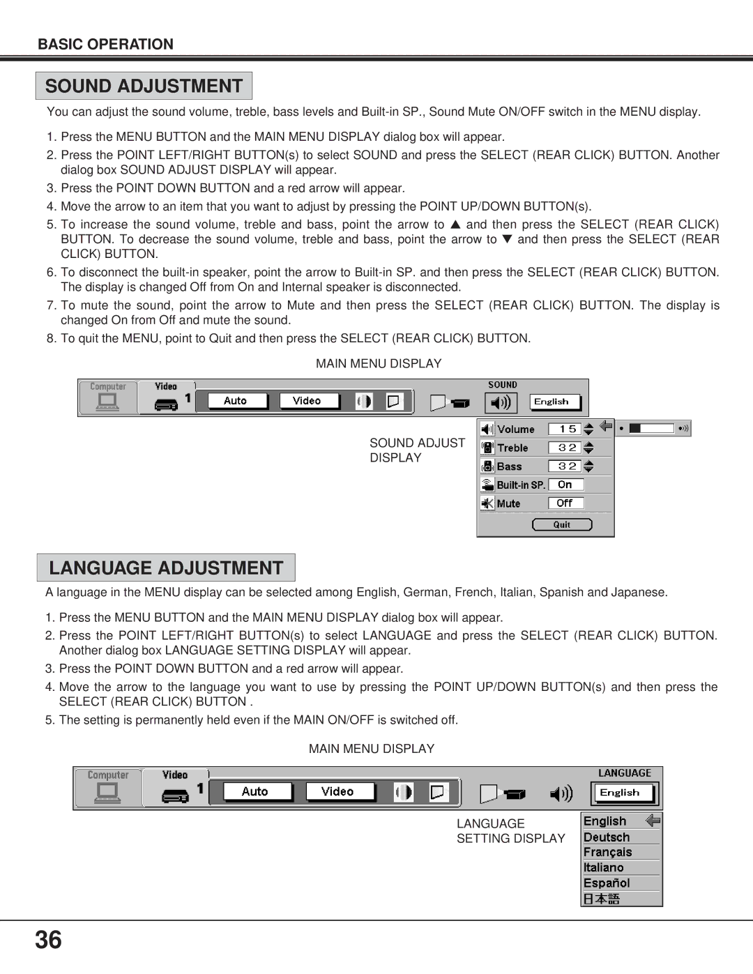 Proxima ASA Pro AV 9400L manual Sound Adjustment, Language Adjustment 