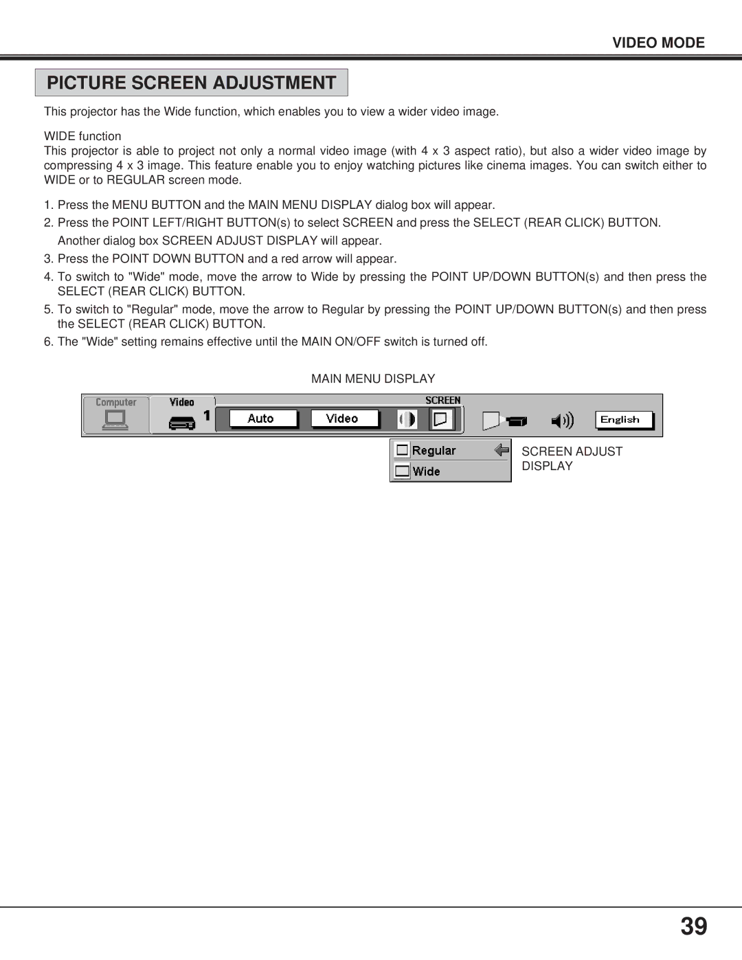 Proxima ASA Pro AV 9400L manual Picture Screen Adjustment, Main Menu Display Screen Adjust 