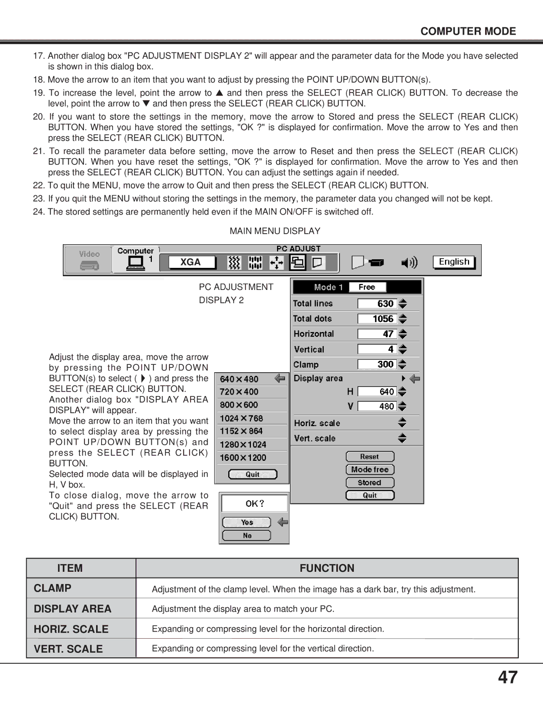 Proxima ASA Pro AV 9400L manual PC Adjustment Display, Click Button 