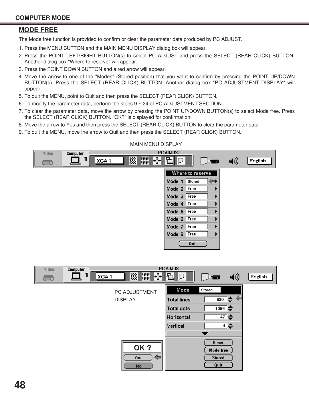 Proxima ASA Pro AV 9400L manual Mode Free, PC Adjustment 