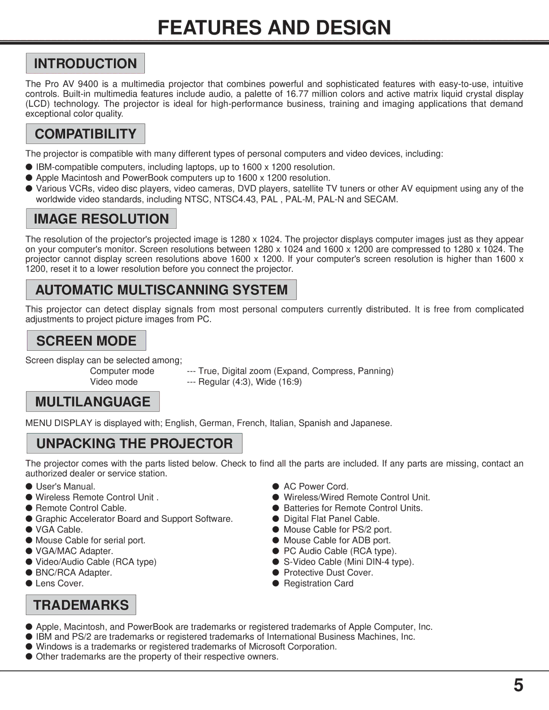 Proxima ASA Pro AV 9400L manual Features and Design 