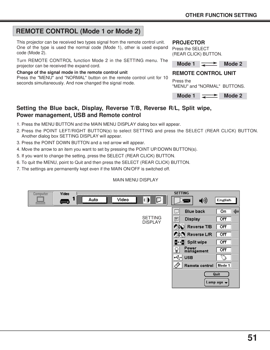 Proxima ASA Pro AV 9400L manual Remote Control Mode 1 or Mode, Main Menu Display Setting 