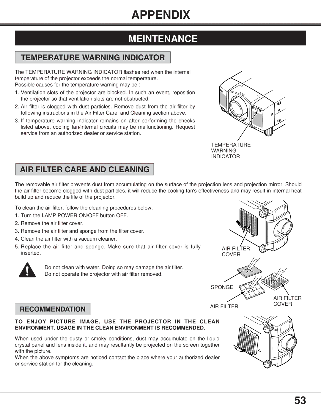 Proxima ASA Pro AV 9400L manual Appendix, Meintenance, Temperature Warning Indicator, AIR Filter Care and Cleaning 