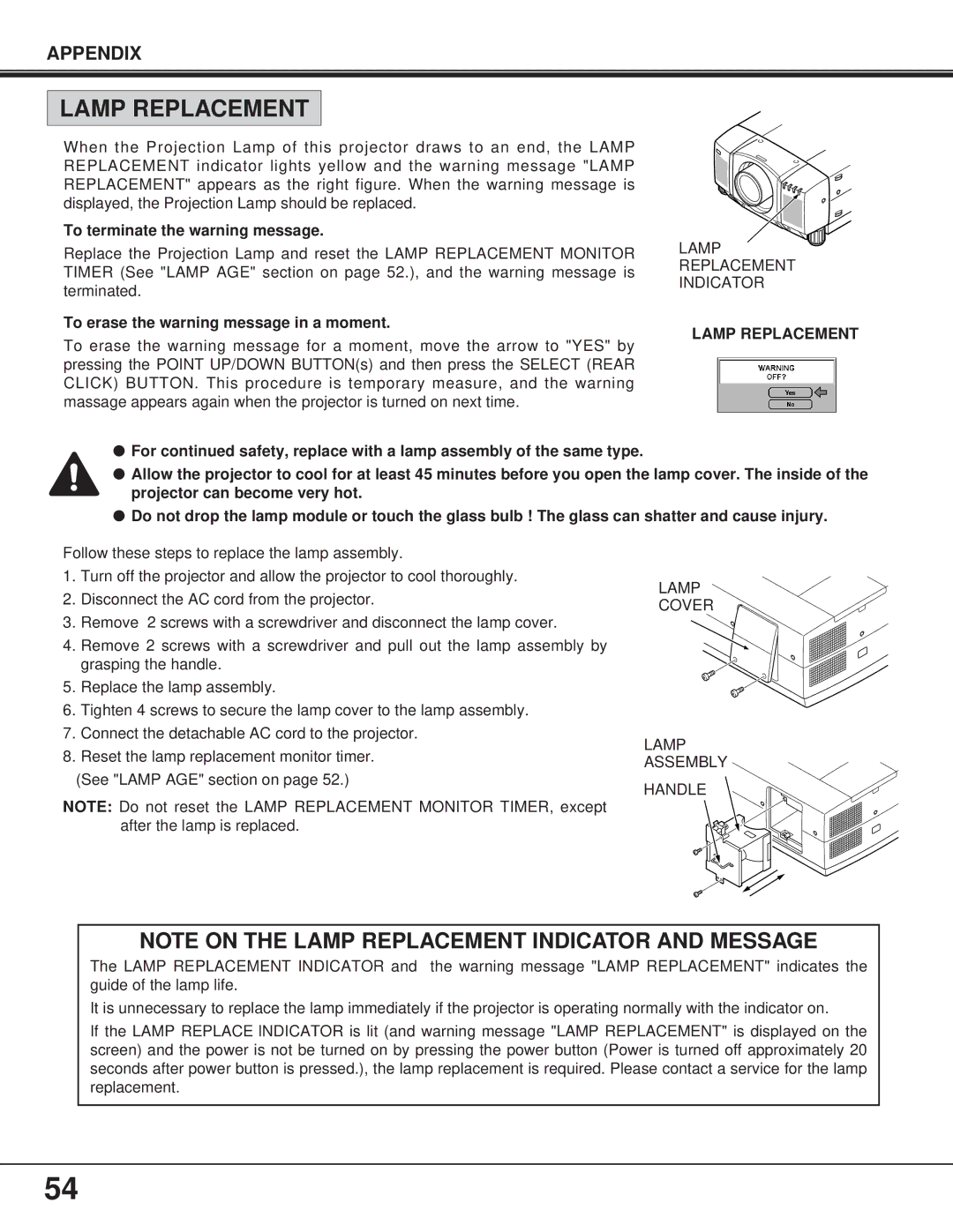 Proxima ASA Pro AV 9400L manual Lamp Replacement Indicator, Lamp Cover Lamp Assembly Handle 