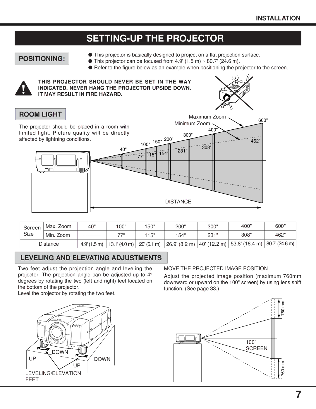 Proxima ASA Pro AV 9400L manual SETTING-UP the Projector, Positioning, Room Light, Leveling and Elevating Adjustments 