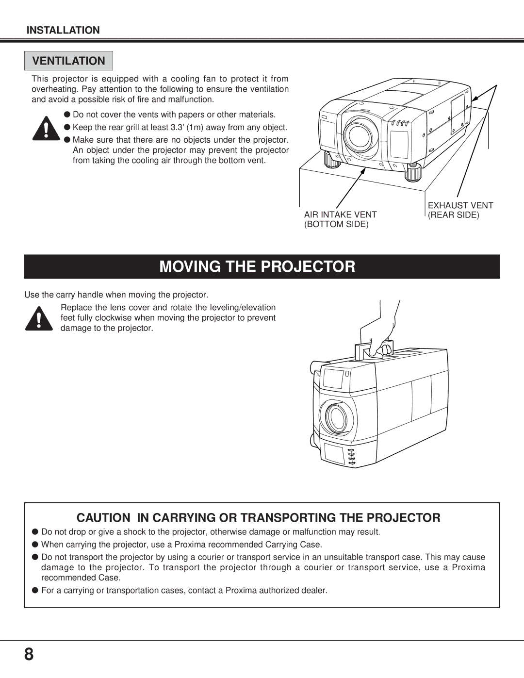 Proxima ASA Pro AV 9400L manual Moving the Projector, Ventilation, Exhaust Vent AIR Intake Ventrear Side Bottom Side 