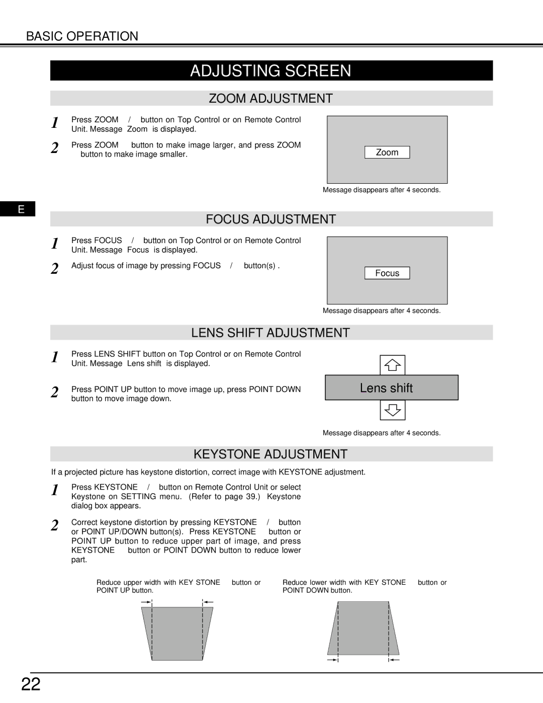 Proxima ASA Pro AV 9550 manual Adjusting Screen, Zoom Adjustment, Focus Adjustment, Keystone Adjustment 