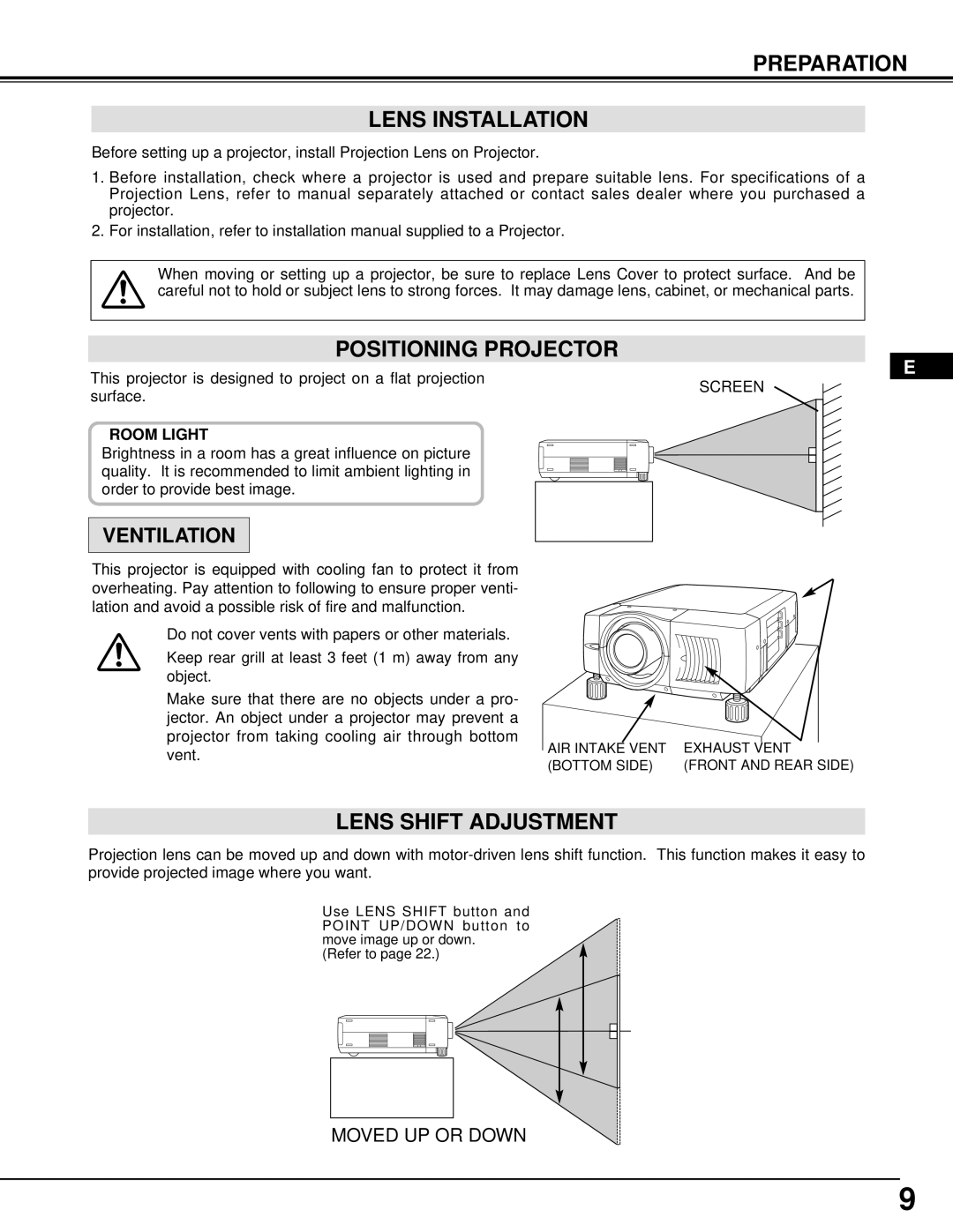 Proxima ASA Pro AV 9550 manual Preparation Lens Installation, Positioning Projector, Lens Shift Adjustment 