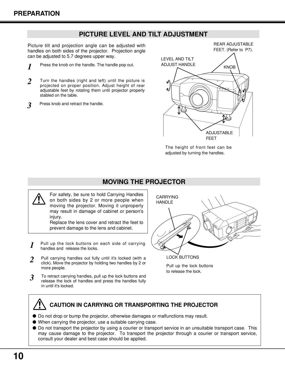 Proxima ASA PROAV9350 manual Preparation Picture Level and Tilt Adjustment, Moving the Projector 