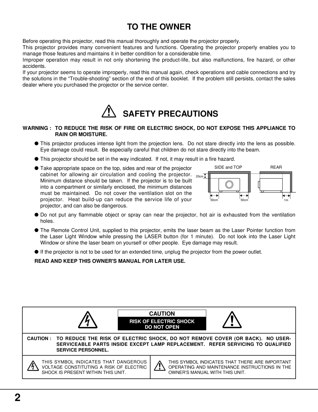 Proxima ASA PROAV9350 manual To the Owner, Risk of Electric Shock Do not Open 