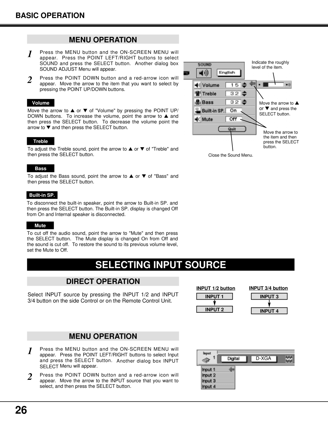 Proxima ASA PROAV9350 manual Selecting Input Source, Basic Operation Menu Operation 