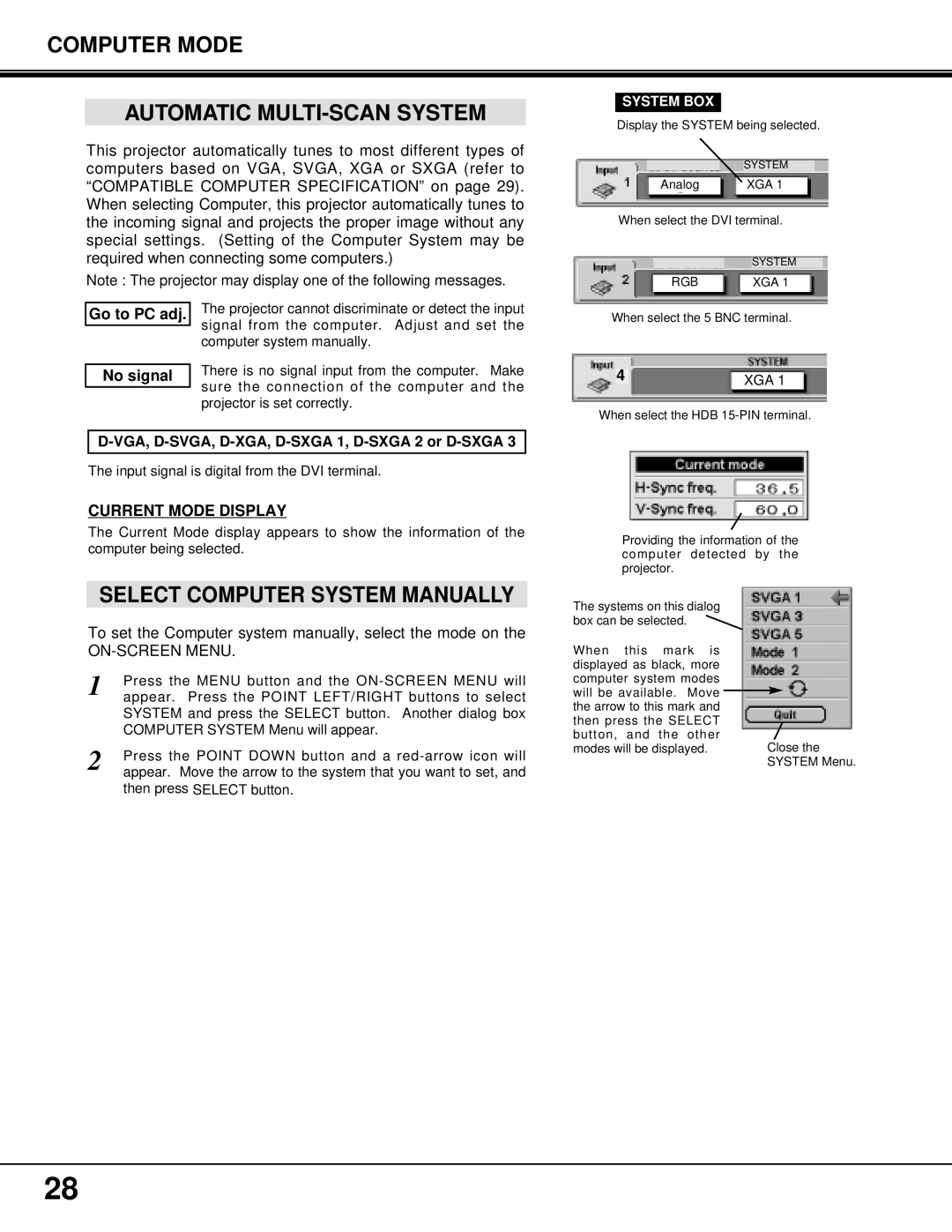 Proxima ASA PROAV9350 manual Computer Mode Automatic MULTI-SCAN System, Select Computer System Manually, System BOX 