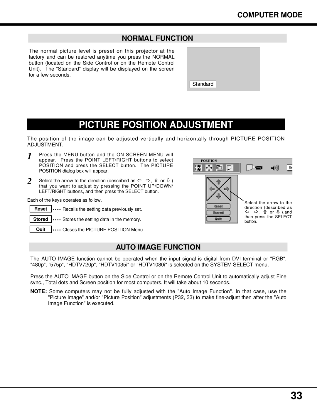 Proxima ASA PROAV9350 manual Picture Position Adjustment, Computer Mode Normal Function, Auto Image Function 