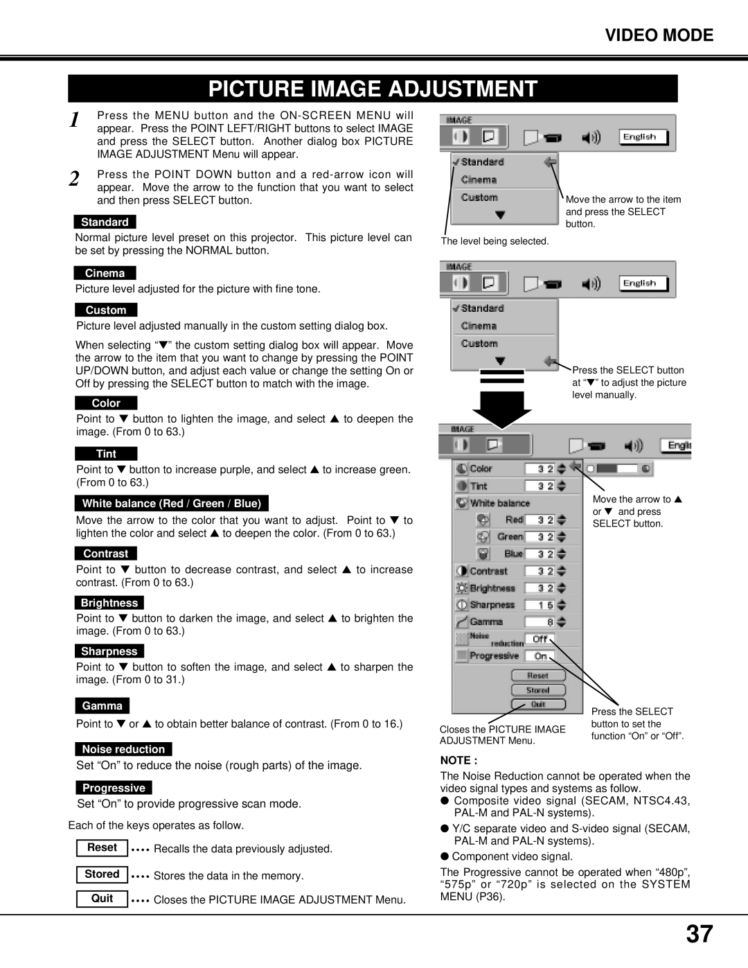 Proxima ASA PROAV9350 manual Picture Image Adjustment, Cinema, Color, Tint, Noise reduction 