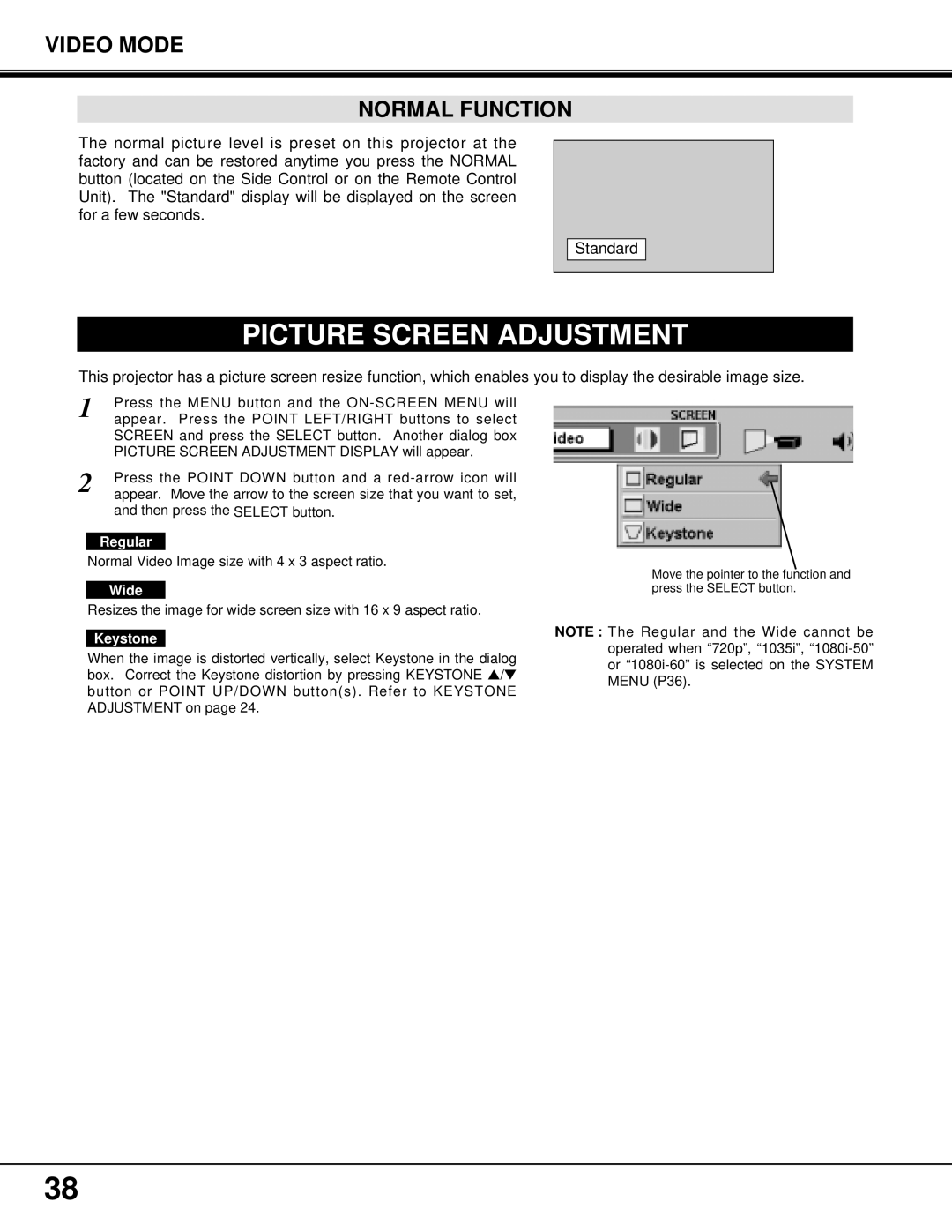 Proxima ASA PROAV9350 manual Video Mode Normal Function, Regular, Wide 