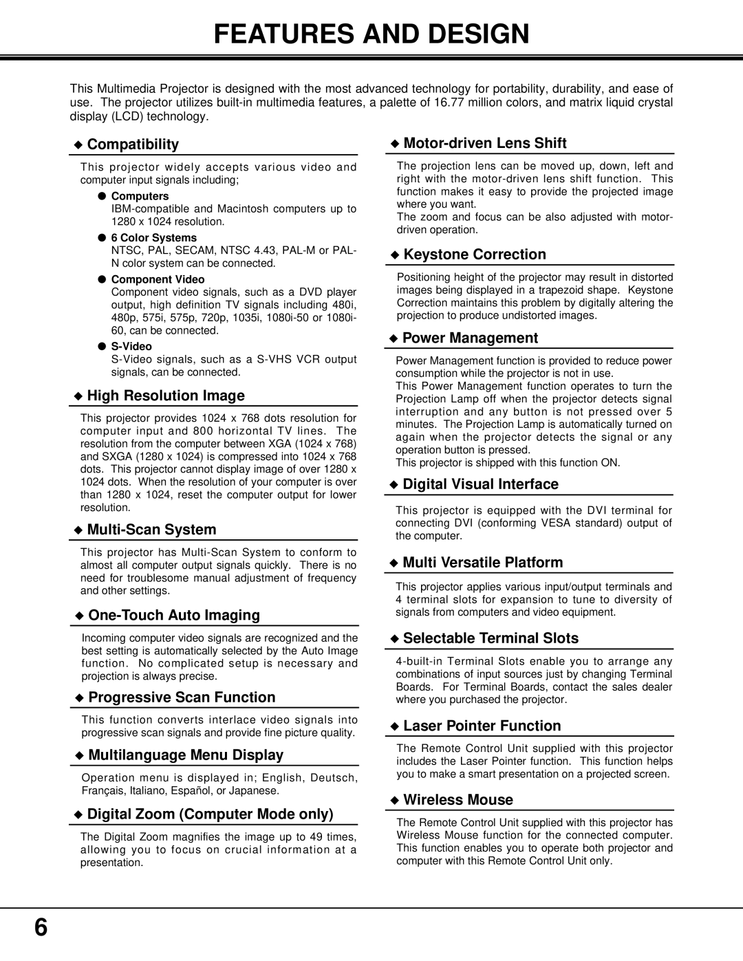 Proxima ASA PROAV9350 manual Features and Design, Compatibility 