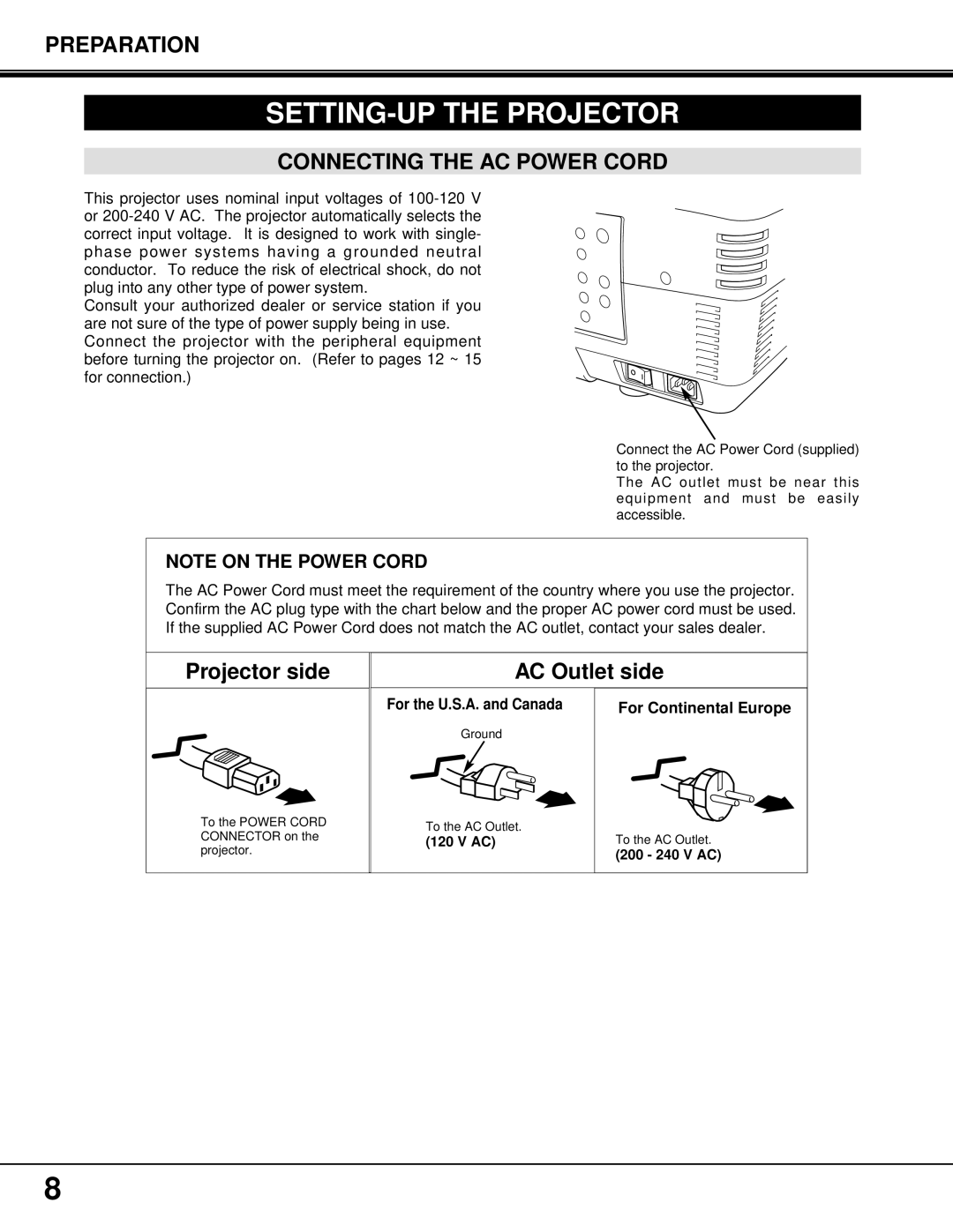 Proxima ASA PROAV9350 manual SETTING-UP the Projector, Preparation, Connecting the AC Power Cord 