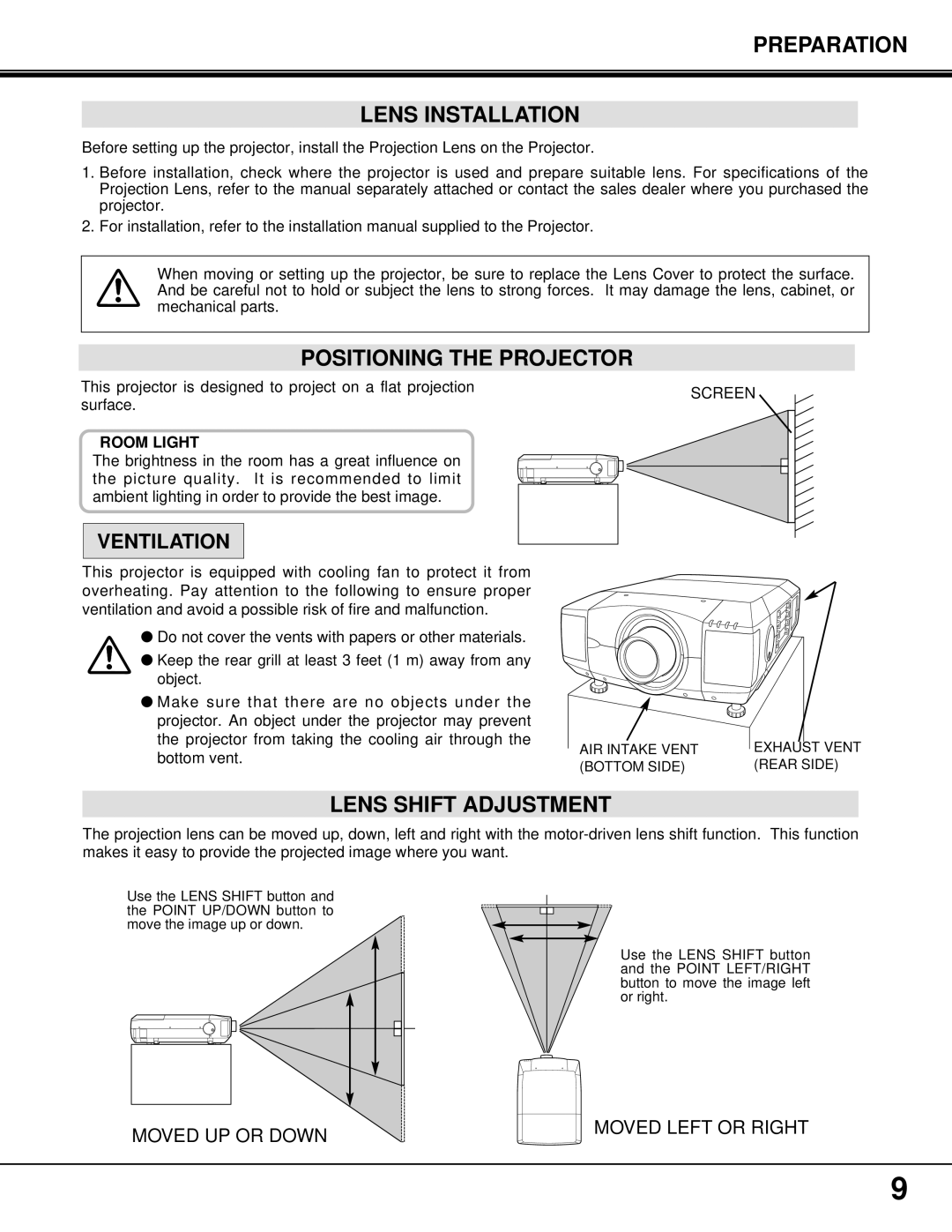 Proxima ASA PROAV9350 manual Preparation Lens Installation, Positioning the Projector, Lens Shift Adjustment 