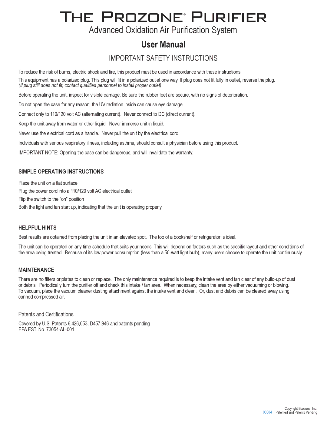 Prozone Pool Products user manual ‹ˆ@p˜¡ˆ@p›˜Œ‰Œˆ˜, Advanced Oxidation Air Purification System 